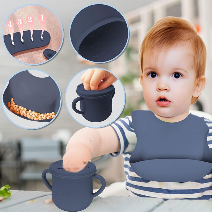 Набір дитячого столового посуду 5 предметів Силіконовий набір дитячого столового посуду Нековзна дитяча тарілка з присоскою Миска Нагрудник Ложка Виделка Набір дитячого харчування для маленьких дівчаток без бісфенолу А, (темно-синій)