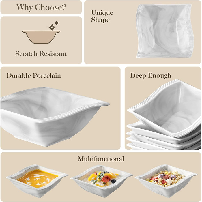 Серія FLORA, набір з 6 порцелянових креманки для каш, миски для рису 450 мл, закусочної миски, десертної миски для салату, супів, рамен, фруктів і т.д. 13,5x13,5x5,4 см (сірий, 6 шт. салатник)