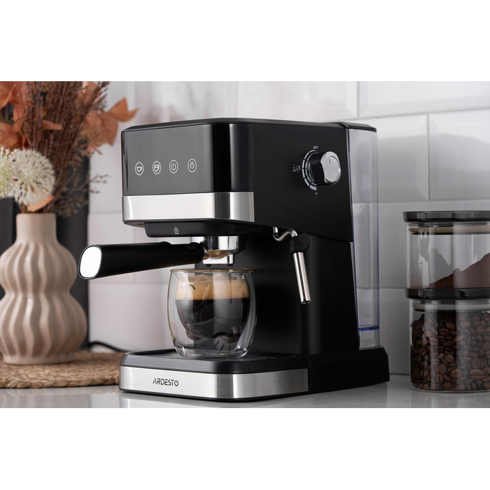 ARDESTO Кофеварка рожковая 1.5л, молотая, ручной капучинатор, сенсорное управление, черно-серебристый