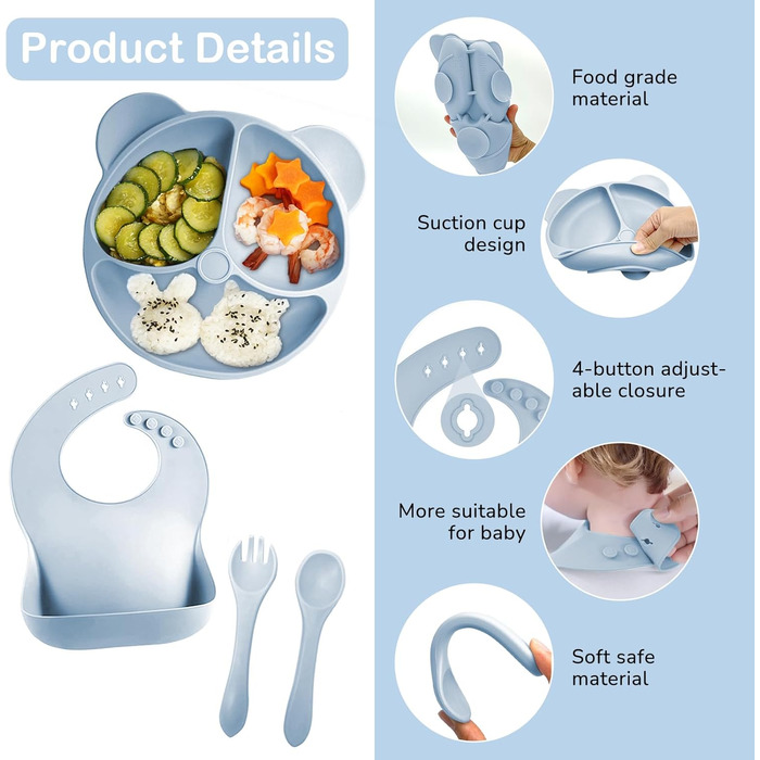 Силіконовий набір дитячого столового посуду Bizcasa з 9 предметів, нековзкий набір дитячого столового посуду, дитячий столовий посуд із присоскою, нековзна дитяча миска, дитяча тарілка, дитячий набір столових приборів для малюків, без бісфенолу А (синій)