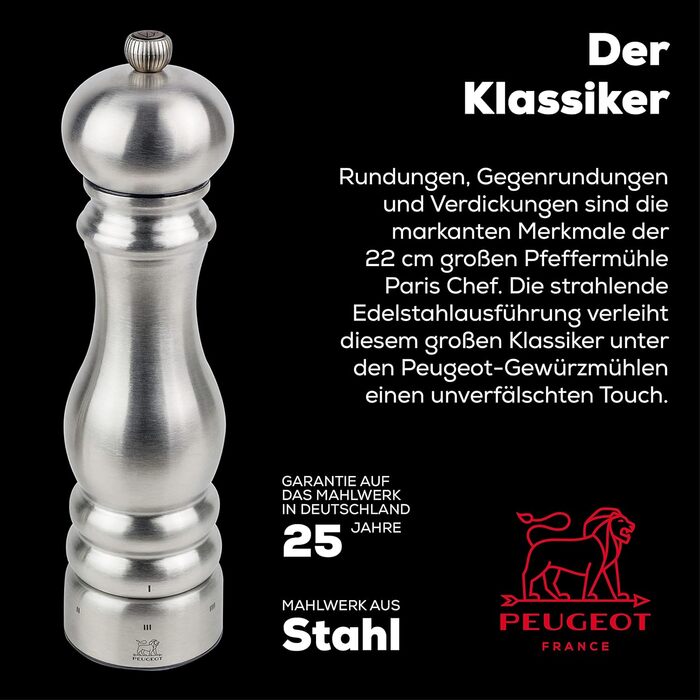 Паризький шеф-кухар u'Select 22 см Перець - Виготовлений з нержавіючої сталі - 6 попередньо встановлених помелів - (Млин для перцю, нержавіюча сталь)