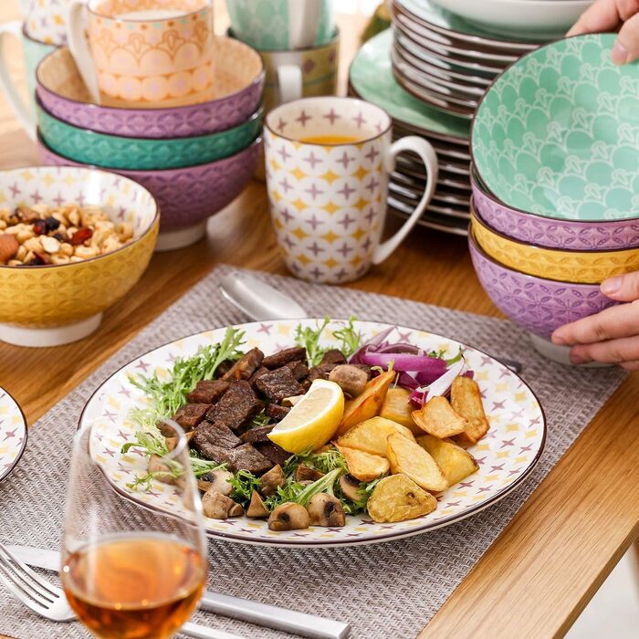 Набор фарфоровой посуды Haruka, 48 шт. - Mness aptieka Набор круглых комбинированных сервизов на 12 человек, включает чашки, миски, десертные тарелки и обеденные тарелки (тюльпан, обеденный сервиз из 40 предметов)