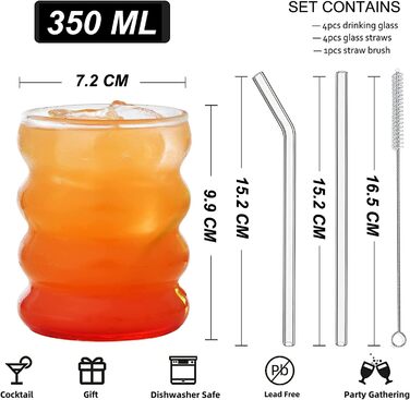 Набор из 4 ребристых стаканов со стеклянными трубочками 350 мл ALINK