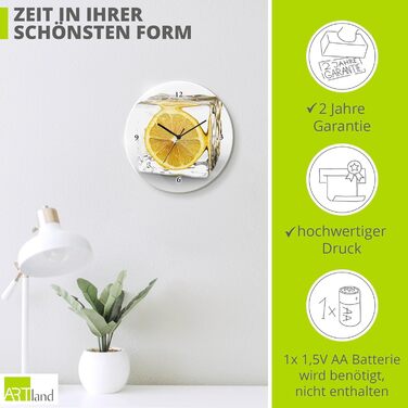 Настінний декоративний годинник без цокання скла Ø 30 см круглий безшумний фрукт апельсин у воді фрукти сучасна їжа T5UI (лимон у кубику льоду, кварцовий годинник)