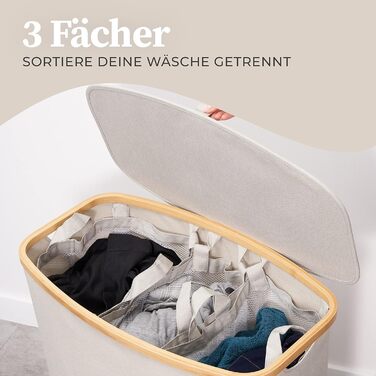 Ящик для белья Hennez 150 л - Корзина для белья 3 отделения - Крышка - Сортировщик белья с мешком для белья - Корзины для белья - бежевый бамбук - Контейнер для белья - Система сортировки белья - Сборник для белья 4) 150л Бежевый