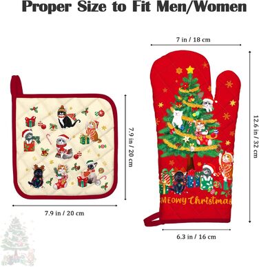 Набір з 2 різдвяних рукавичок для духовки та прихваток Arquiel, 100 бавовняні кулінарні рукавички, термостійкі кухонні рукавички для приготування їжі, різдвяний декор для кухні, подарунки для жінок (різдвяна ялинка 02, рукавички для духовки*2 прихватки*2)