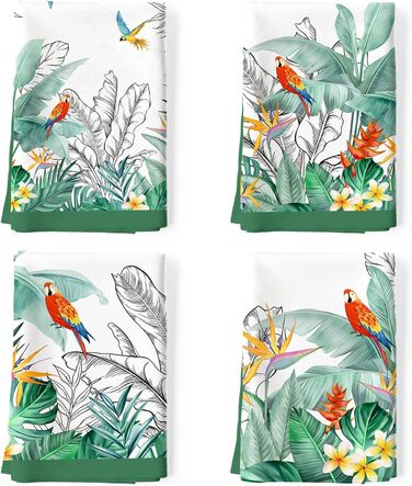 Кухонні рушники, бавовна, 4 упаковки, кухонні рушники, 100 бавовна. Осінній набір кухонних рушників. Багатоцільовий високоякісний набір кухонних рушників для сушіння. Рушники для кухонних рушників 50 x 70 см (тропічні рослини, квіти та птахи)