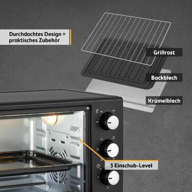 Міні-духівка 20 л 1380 Вт - Міні-духівка з плавним контролем температури до 230C - Міні-духівка з таймером на 60 хвилин, 3 рівнями висоти полиць, деком та решіткою для гриля - Для невеликих кухонь та кемпінгу