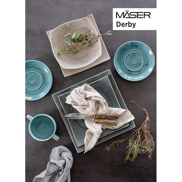 Серія Derby, преміальний набір посуду з квадратними тарілками на 4 персони гастрономічної якості, сучасний комбінований сервіз із 16 предметів у яскравих пастельних тонах, міцна порцеляна (набір супових чашок), 931448