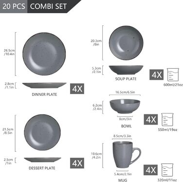 Столовий сервіз з керамограніту, набір посуду vancasso MODA, вінтажний вигляд, комбінований сервіз із 40 предметів з 8 обідніми тарілками, тарілками для тортів, суповими тарілками, мисками та чашками кожна (сірий, комбінований сервіз 20 шт. )