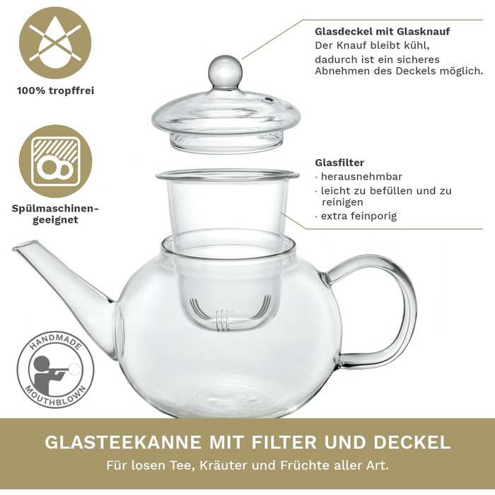 Скляний чайник Creano Glass Teapot з 3 частин із вбудованим ситечком з нержавіючої сталі та скляною кришкою, ідеально підходить для приготування сипучих чаїв, без крапель, все в одному (скляне ситечко 0,8 л)
