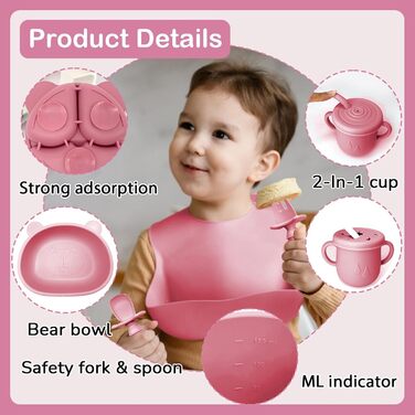 Силіконовий набір дитячого столового посуду Bizcasa з 9 предметів, нековзкий набір дитячого столового посуду, дитячий столовий посуд із присоскою, нековзна дитяча миска, дитяча тарілка, дитячий набір столових приладів для малюків, без бісфенолу А (темно-р