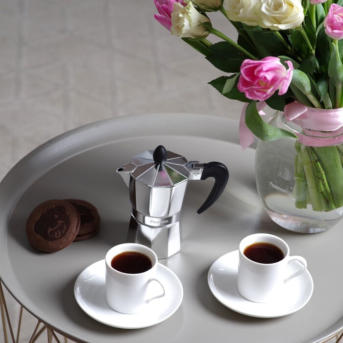 Гейзерна кавоварка Fissman на 2 порції / 120 мл с 2 чашками та 2 блюдцями алюміній (3324)