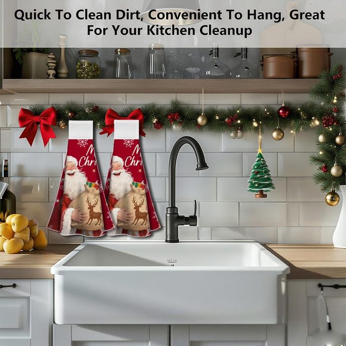 Набір з 2 різдвяних кухонних рушників 31,5 x 34,5 см з петлею для підвішування, Санта Клаус WADORN