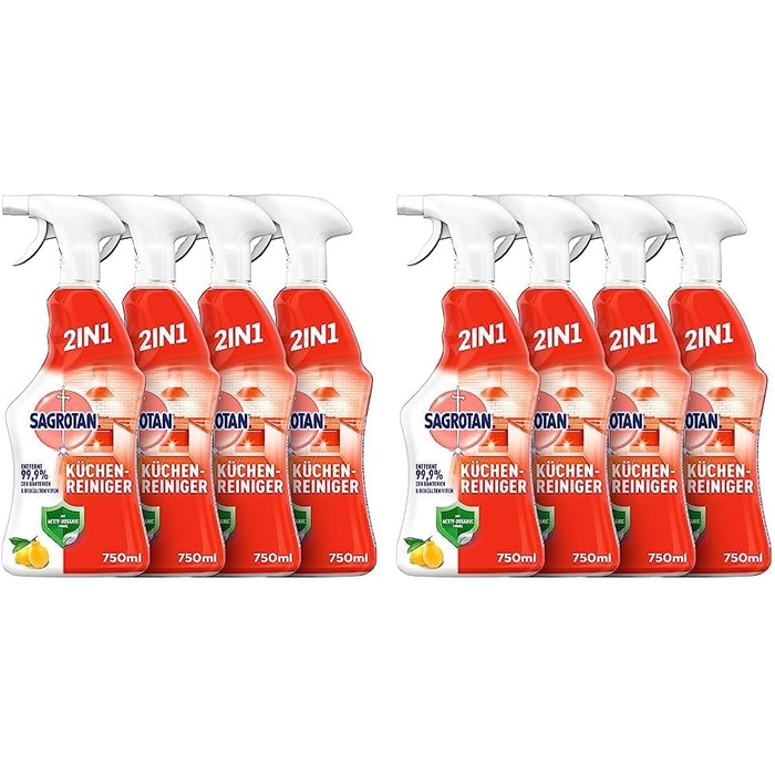 Універсальний засіб для чищення кухні Sagrotan Tangy Lemon дезінфікуючий засіб 2-в-1 для надійного очищення кухонних поверхонь 4 пляшки з розпилювачем по 750 мл (750 мл (8 пляшок))