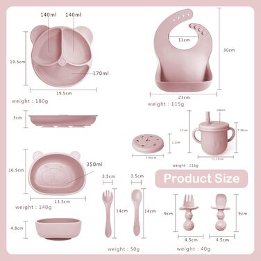 Силіконовий набір дитячого столового посуду Bizcasa з 9 предметів, нековзкий набір дитячого столового посуду, дитячий столовий посуд із присоскою, нековзна дитяча миска, дитяча тарілка, дитячий набір столових приладів для малюків, без бісфенолу А (світло-