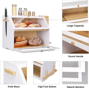 Хлібниця Leader Accessories з бамбука, 2-ярусна, для безпечного зберігання хліба, легкий догляд, 39x25x32 см, чорна (39x25x32 см/15,3&39x9,8&39x12,6&39) (біла (50x25x37 см/19,7&39x9,8&39x14,5&39))