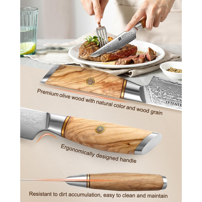 Набор из 4 ножей для стейка из дамасской стали 13 см с деревянным блоком XINZUO