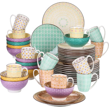 Порцеляновий набір посуду Haruka, 48 шт. Набір круглий комбінований сервіз на 12 осіб, включає кружки, піали, десертні тарілки та обідні тарілки (тюльпан, набір посуду з 48 предметів)