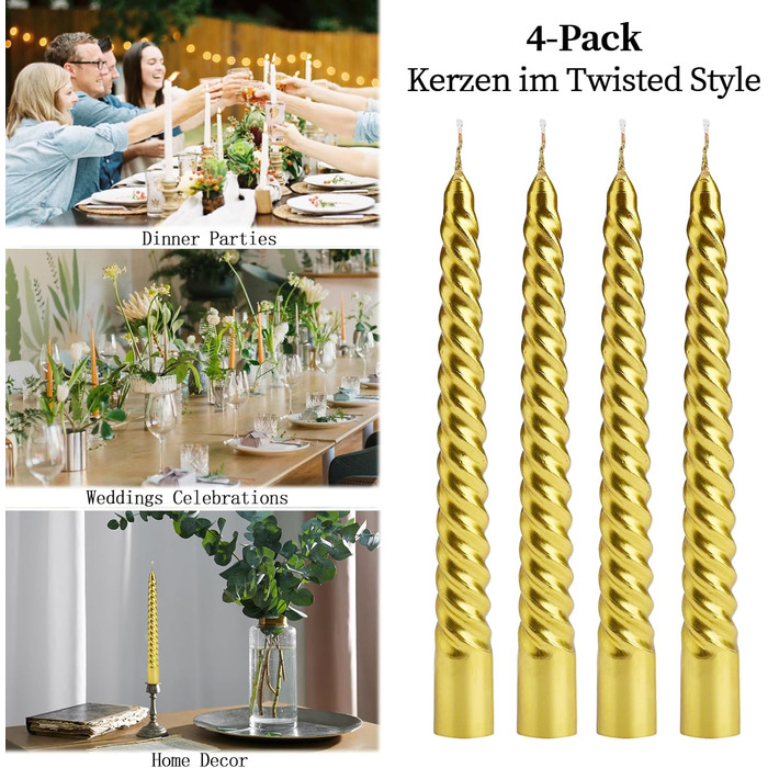 Набір з 4 конічних спіральних свічок 2 x 20 см, золотистий Bolosa