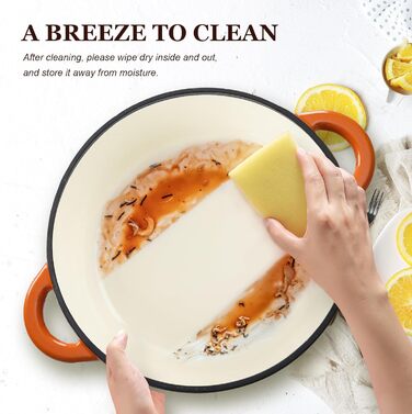 Чавунна форма для запікання Overmont Enamel - 26 см, придатна для використання в духовці, з кришкою та кулінарною книгою - для випікання, тушкування, запікання, білого кремового кольору (28 см-6,6 л, помаранчевий)