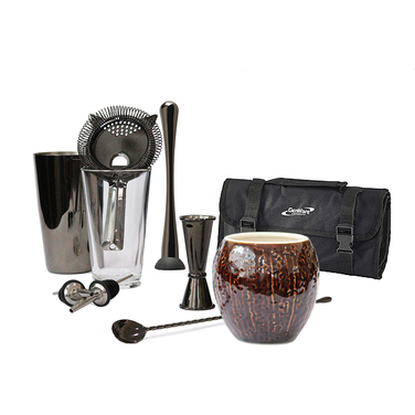 Набір бармена з сумкою, 9 предметів, чорний метал, GenWare + ПОДАРУНОК келих TIKI