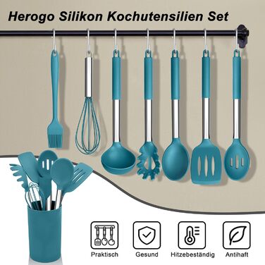 Набір силіконових кухонних гаджетів Herogo, набір кухонного посуду з 22 предметів Набір кухонних столових приборів із тримачем для посуду, термостійке кухонне начиння з ручкою з нержавіючої сталі, антипригарне та здорове (синій)
