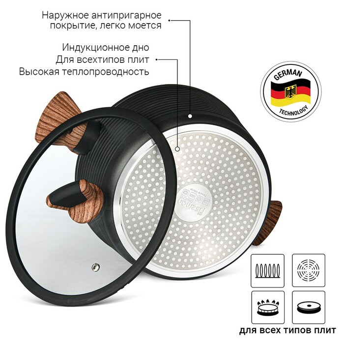 Каструля зі скляною кришкою 20 см 2,6 л DIAMOND GREY Fissman