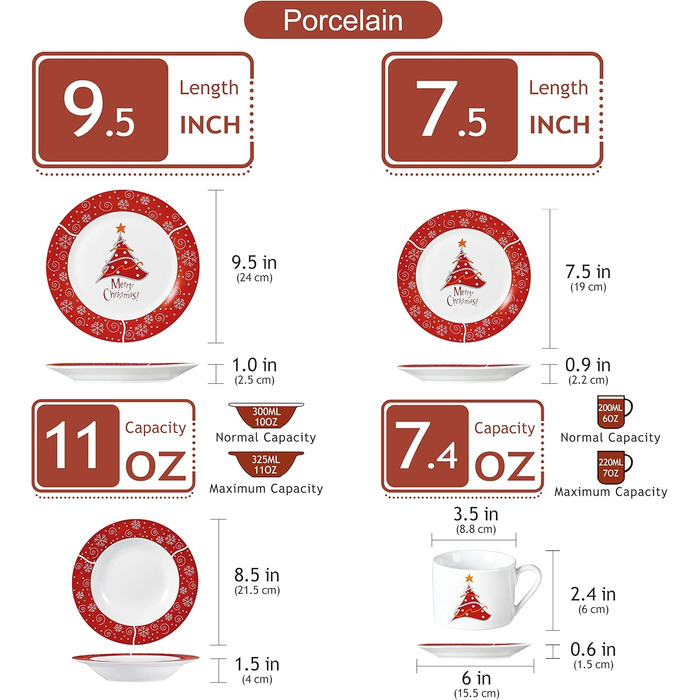 Серія 30-предметний порцеляновий різдвяний набір посуду на 6 осіб, різдвяний кавовий сервіз на 6 обідніх тарілок, 6 десертних тарілок, 6 супових тарілок, 6 кавових чашок та 6 блюдець (Christmastree-1, обідній сервіз на 30 предметів)