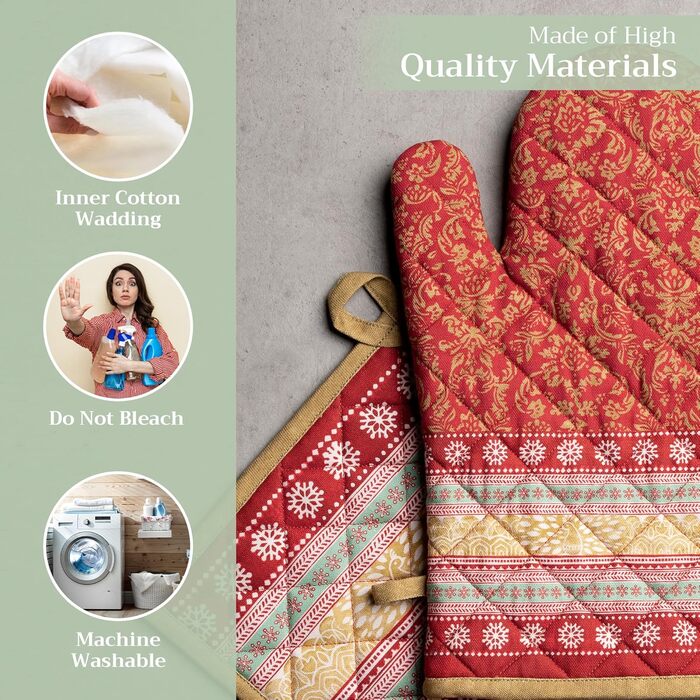 Рукавички для духовки, прихватки для каструль Maison d&39 Hermine, 100 бавовна, термостійкі кухонні рукавички, рукавички для духовки (19 x 33 см) та прихватки для каструль (20 x 20 см) для приготування їжі, Morzine - Рукавички для духовки (19 x 33 см) та 