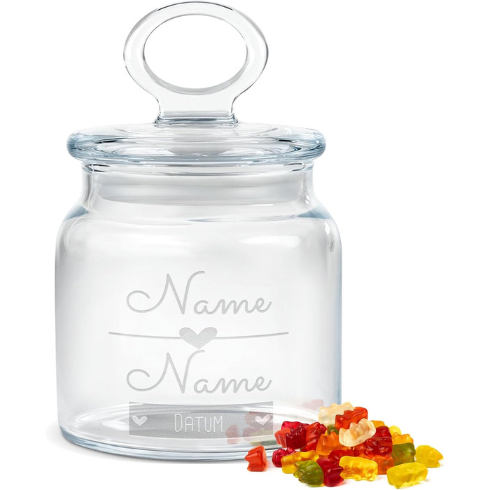 Скляна банка для печива з персоналізованим друком та гравіюванням - 800 мл - з сердечком, іменем та датою як подарунок для жінки на річницю Ідеї персоналізованих подарунків на річницю (550 мл)