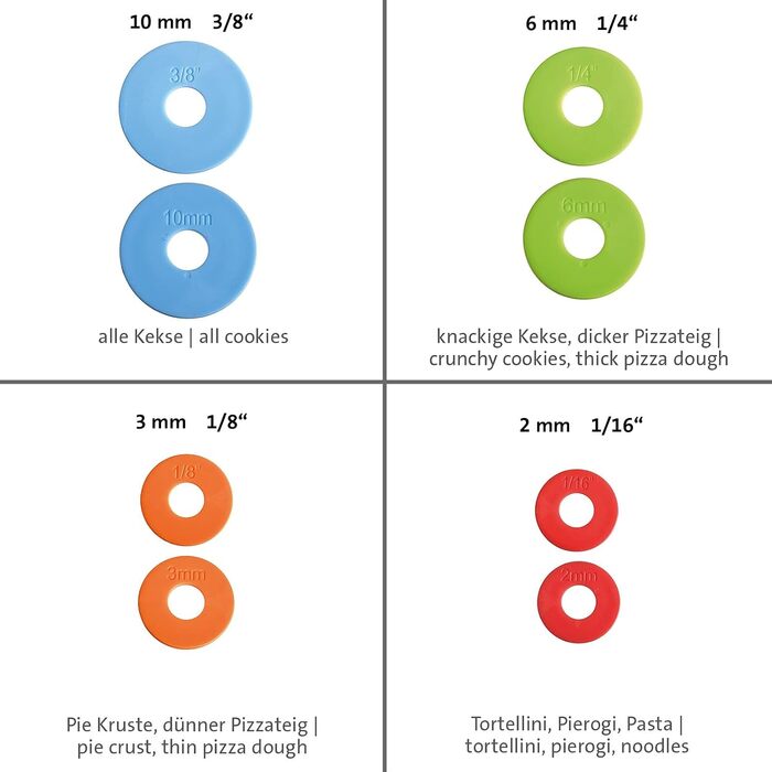 З 4 розпірними кільцями, по 1 кільцю по 10 мм, 6 мм, 3 мм, 2 мм, зі шкалами, нержавіюча сталь/пластик, сріблястий/білий/світло-блакитний/світло-зелений/помаранчевий/червоний, 30452260 нержавіючий ролик для випічки