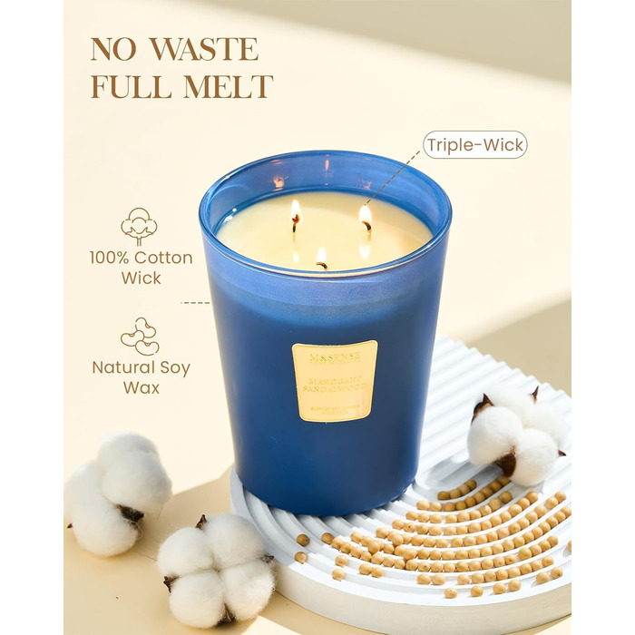 Ароматична свічка M&SENSE надзвичайно велика, час горіння 150 годин, натуральна ароматерапевтична свічка з 3 гнітами, сильний аромат, тривале горіння, подарункова свічка та прикраса для дому, подарунки для жінок (990 г, червоне дерево, сандалове дерево)