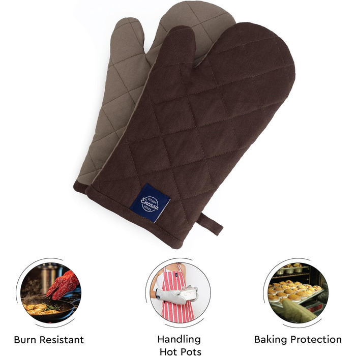 Рукавички Encasa Homes Extra Long для духовки та мікрохвильової печі (2 шт.) для використання на кухні - Силіконові, сріблясті, термостійкі - Захищають руки від гарячого обладнання - (12 x 6,6 дюйма, темно-сірий та бежевий)