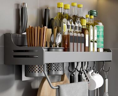 Підвісна підставка для спецій з металу, міцна кухонна полиця, настінна підставка для спецій, органайзер для спецій, кухонний органайзер, підставка для спецій з тримачем для рушників, Daojai, гачки та тримач для столових приборів, сіра, (50 см, сіро-сірий)