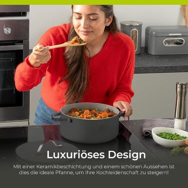 Каструля Be Living Essential з кришкою Ø 28 см з кришкою, антипригарна кераміка, для індукції, без PTFE та PFOA, (7 літрів, сіра)