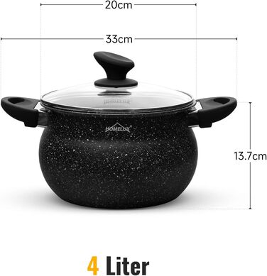 Індукційна каструля Homelux pot 24 см зі скляною кришкою, антипригарним покриттям, алюмінієві каструлі об&39ємом 8 л для всіх типів плит (H-C24) (20 см-4 л)