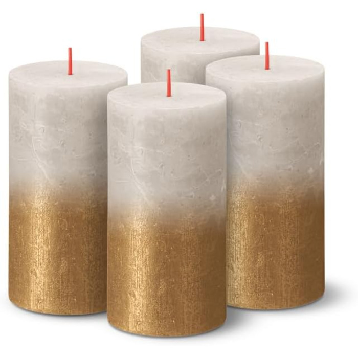 Свічки Bolsius Rustic Pillar - Металеві, що згасають - Рожево-червоні - Упаковка з 4 шт. - Тривалий час горіння 60 годин - Без запаху - Містить натуральний рослинний віск - Без пальмової олії - 13 x 7 см (13 x 6,8 см, Піщано-сірий та золотистий)