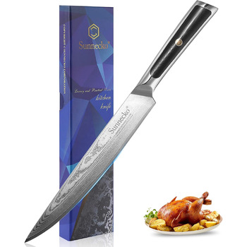 Ніж для хліба Sunnecko 20 см із зазубреним краєм, дамаський ніж для хліба, гострий кухонний ніж з лезом з дамаської сталі, ніж для різання хліба з ручкою G10
