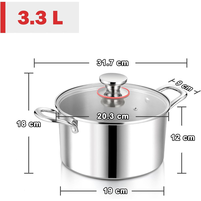 Каструля 3,3 л з нержавіючої сталі зі скляною кришкою 20 см Herogo