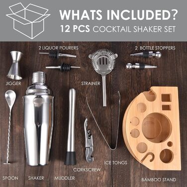 Набір шейкерів для коктейлів з 12 предметів з бамбуковою підставкою Quilamix