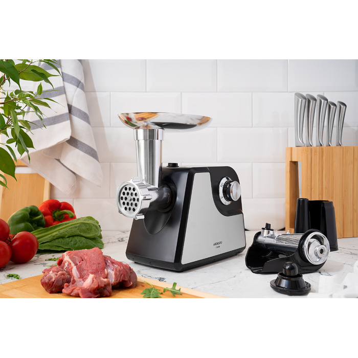 ARDESTO М'ясорубка, 1700Вт, продук.-1.6кг/хв, 2 решітки + для ковб., кеббе, насадка для томатів, пластик+метал, чорно-сріблястий