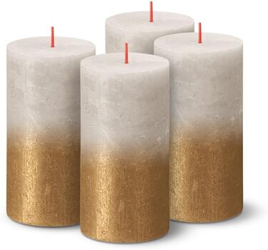 Свічки Bolsius Rustic Pillar - Металеві, що згасають - Рожево-червоні - Упаковка з 4 шт. - Тривалий час горіння 60 годин - Без запаху - Містить натуральний рослинний віск - Без пальмової олії - 13 x 7 см (13 x 6,8 см, Піщано-сірий та золотистий)