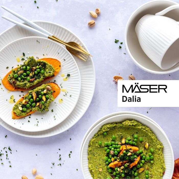 Обідній сервіз на 6 осіб з високоякісної готельної порцеляни білого кольору, набір тарілок з 12 предметів у вінтажному дизайні, міцна порцеляна (набір для сніданку 18 шт.), 931461 Dalia