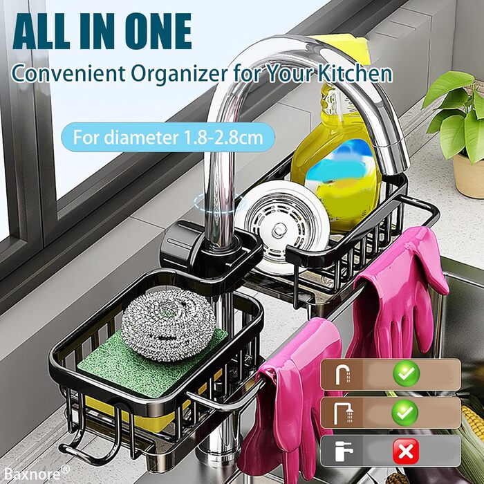 Органайзер для кухонного крана Baxnore з алюмінію, підвісна стійка для зливу крана з піддоном для крапель, тримач для губки для кухонної мийки, стійка для зливу кухні (чорний)