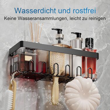 В-1 Покращена полиця для душу з нержавіючої сталі Вантажопідйомність 15 кг Потовщення 10 мм Висота 6 см 22 гачки Нержавіючий органайзер для кутової полиці для душу, без свердління - міцні клейкі прокладки, чорний (чорний), 3-