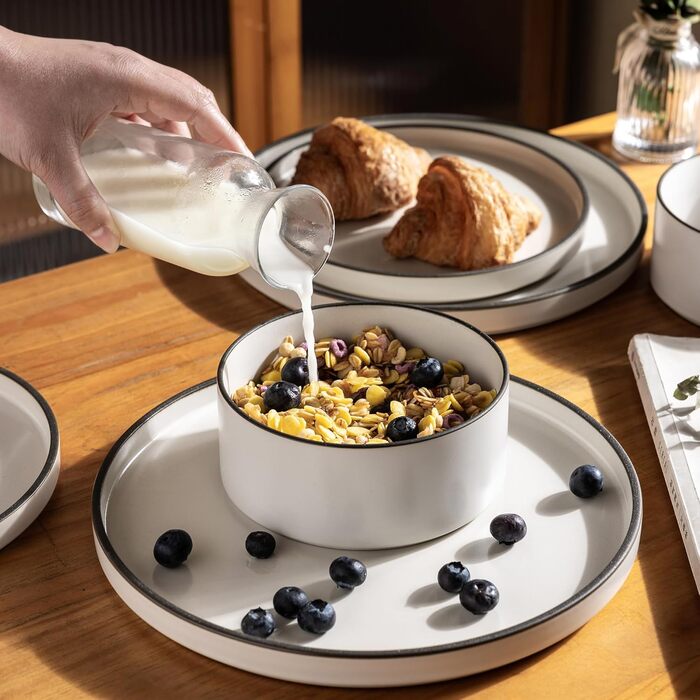 Набір посуду LeRatio для 6 осіб, набір керамічного посуду з 18 предметів, керамічна миска та тарілка, стійкі до подряпин (набір з 12 предметів, білий димчасто-чорний обідок)