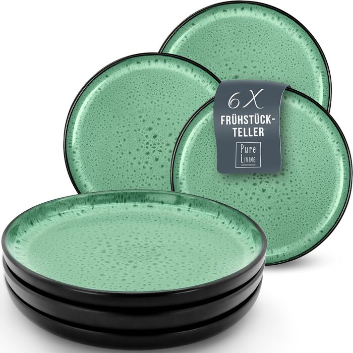 Керамогранітна глибока тарілка ТЕСТ ДУЖЕ ХОРОШИЙ Серія Ibiza Тарілки для макаронів Noble, тарілки для супу Deep стильні тарілки для пасти 6 персон - Набір посуду 6 персон, обідні тарілки, набір посуду Black with (маленькі тарілки (6x), шавлія зелена), 6 ш