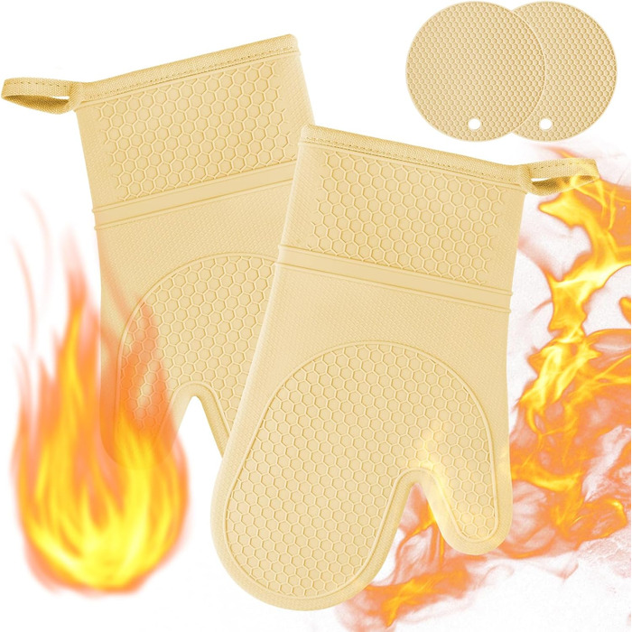 Набір рукавичок для духовки AUAUY, 1 пара силіконових рукавичок для духовки з 2 тримачами для каструль, нековзні кулінарні рукавички, термостійкі рукавички для духовки, рукавички для кухні, приготування їжі, випічки, гриля та барбекю (жовті)