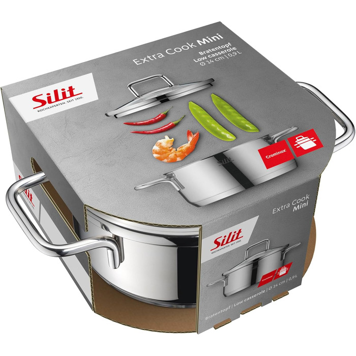 Набір посуду Silit Extra Cook каструлі 12/14 см зі скляною кришкою, внутрішньою мірною шкалою, широким обідком для зручного зливання, з нержавіючої сталі Crominox, для невеликих порцій, компактно складаються, запобігають розтіканню (каструля для смаження,